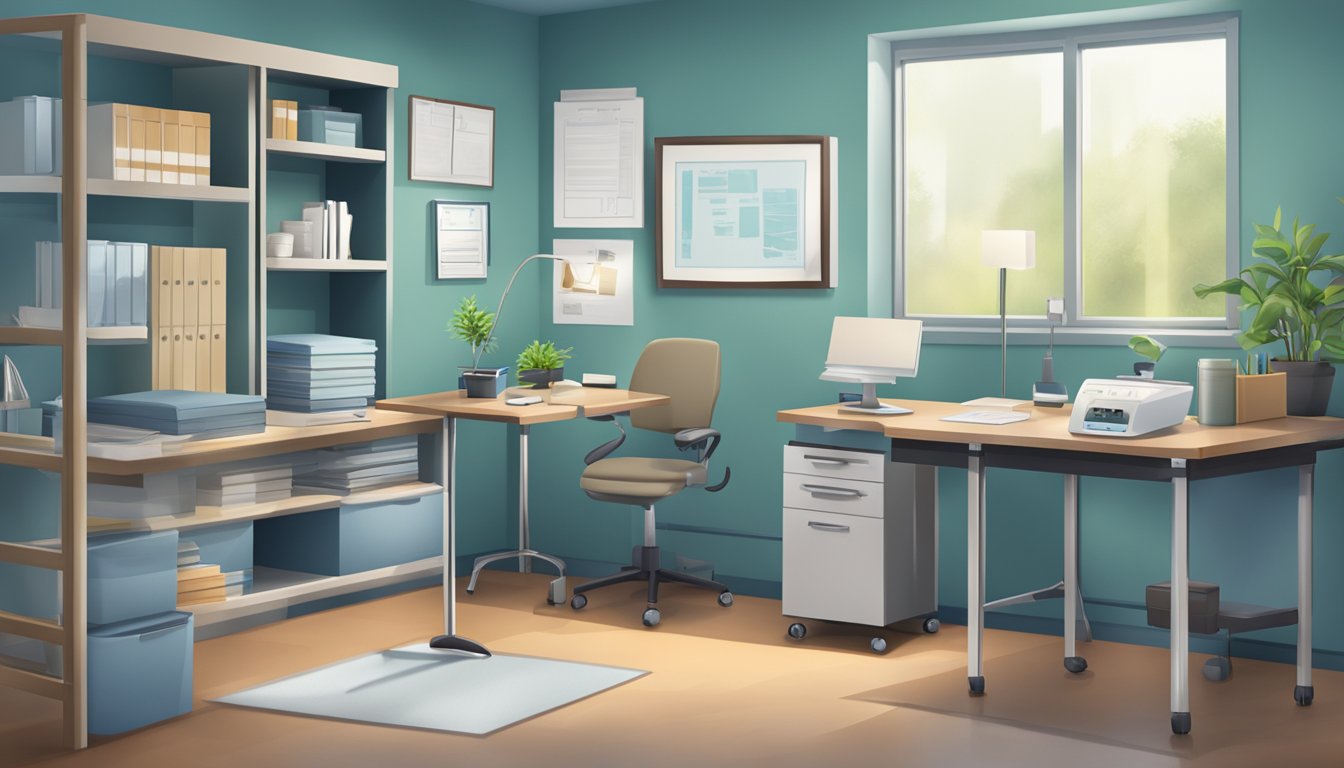 A doctor's office with a scale, medical equipment, and a desk for paperwork