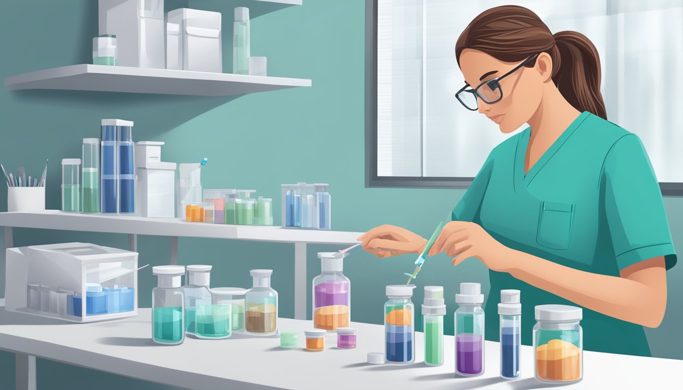 A sterile medical clinic with a nurse preparing a syringe and vials of weight loss medication on a clean, organized table