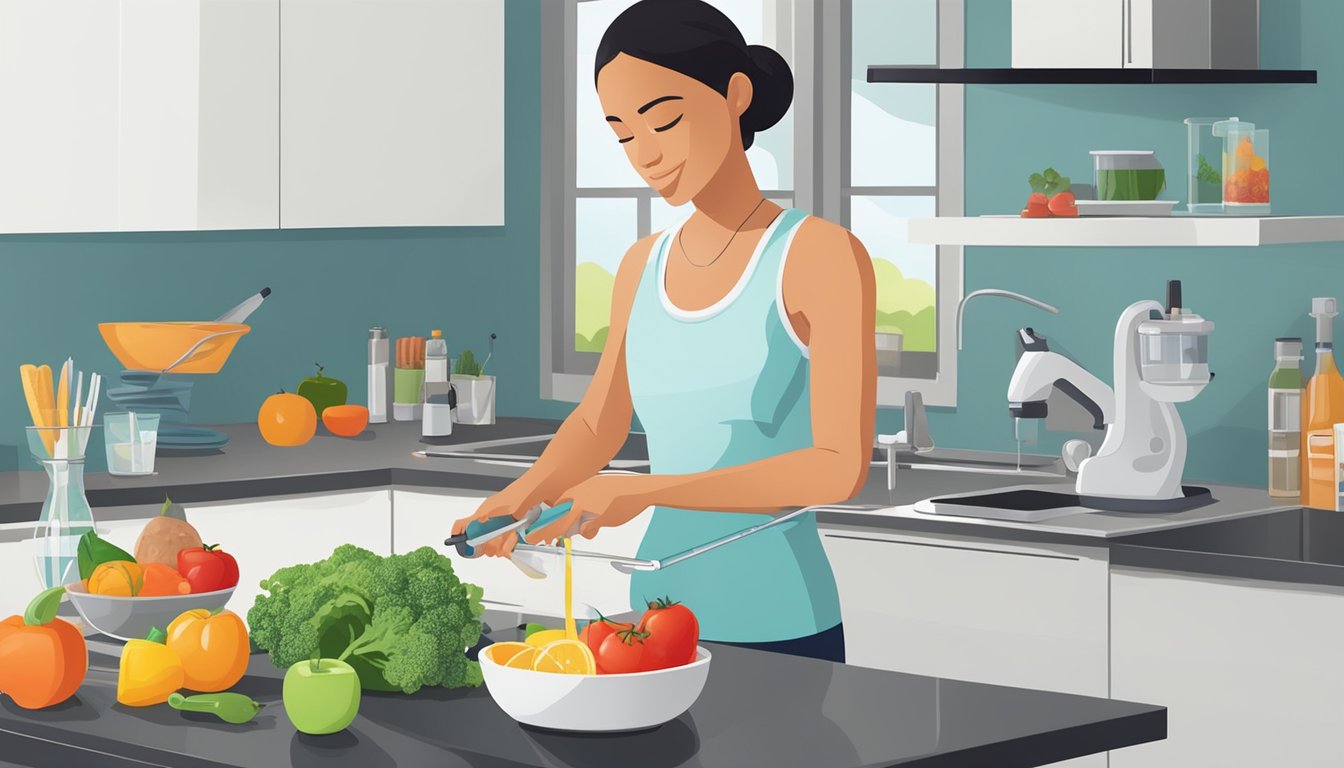 A person preparing a healthy meal while a syringe and exercise equipment sit on the kitchen counter