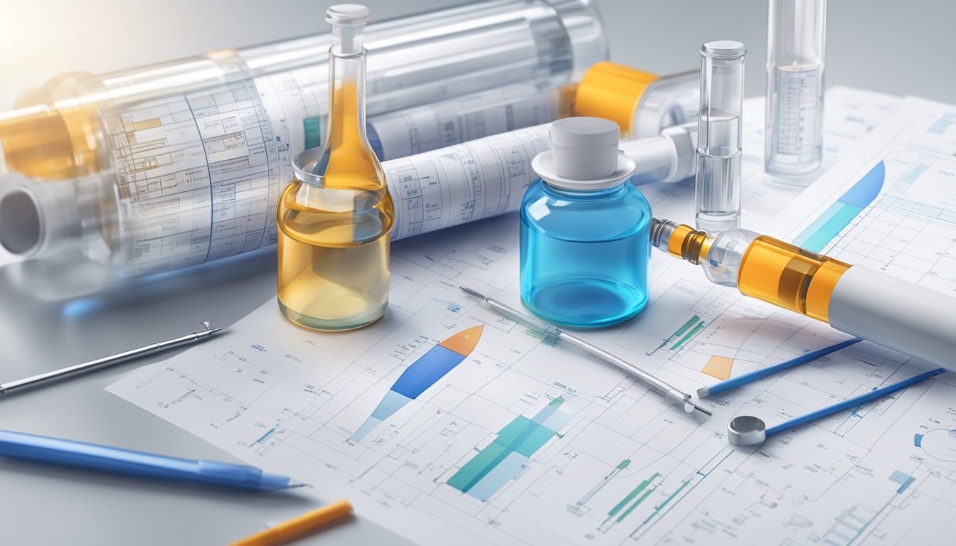 A medical vial and syringe surrounded by scientific equipment and data charts