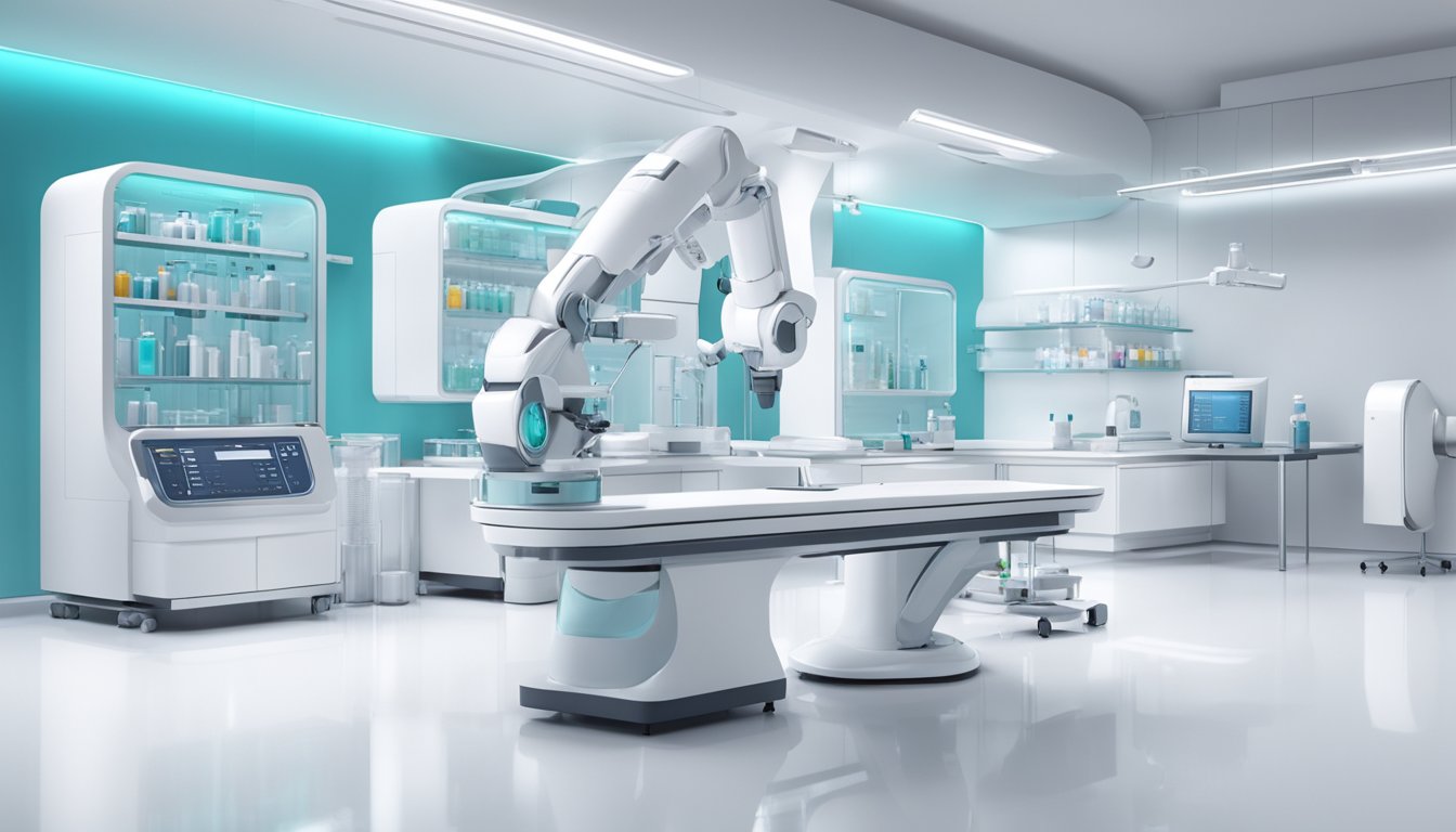 A futuristic medical lab with a sleek, sterile design. A robotic arm administers a weight loss injection to a small vial on a clean, white table