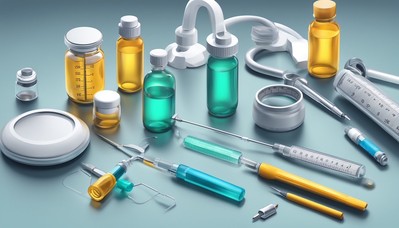 A vial of tirzepatide weight loss injections surrounded by scientific equipment and a medical professional's tools