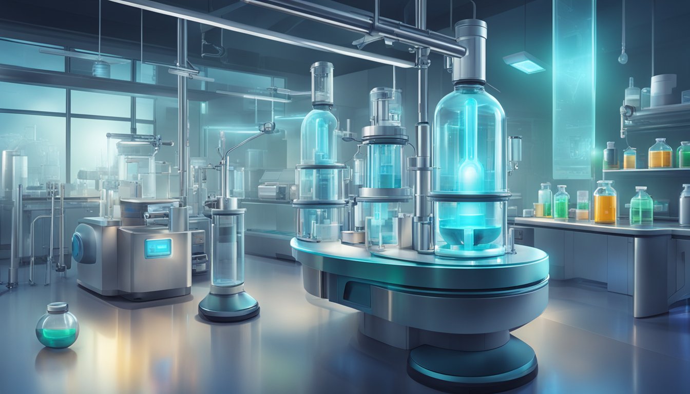 A futuristic laboratory with vials of glowing liquid and advanced machinery for producing prescription weight loss injections