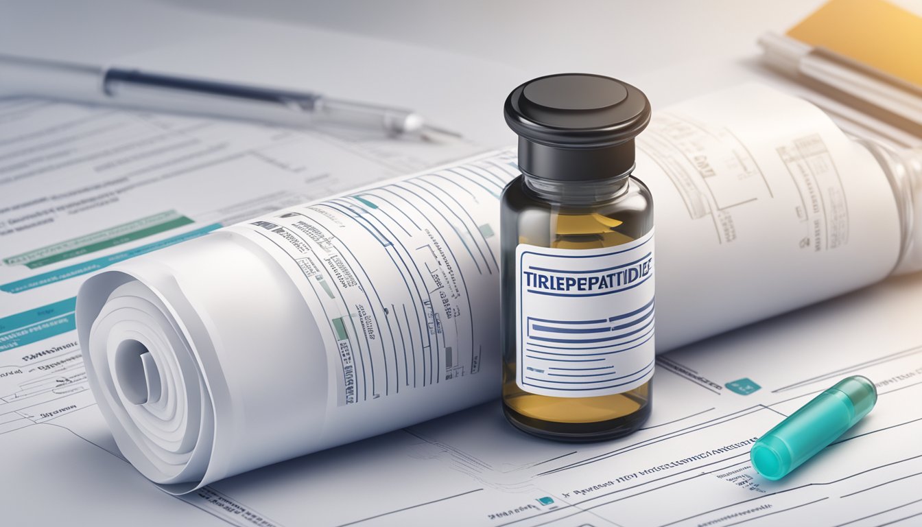 A vial of tirzepatide injections surrounded by regulatory documents and access information