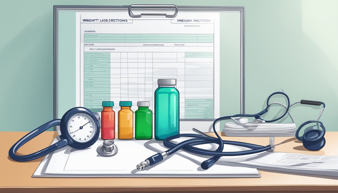 A doctor's office with a vial of weight loss injections on a clean, white countertop, next to a medical chart and a stethoscope