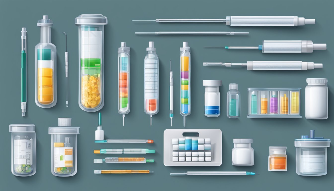 A medical table with vials, syringes, and monitoring equipment