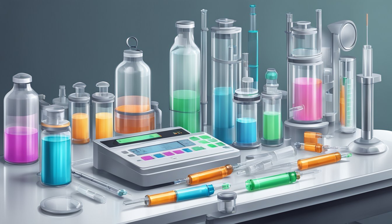 A lab table with vials, syringes, and futuristic equipment for weight loss injections