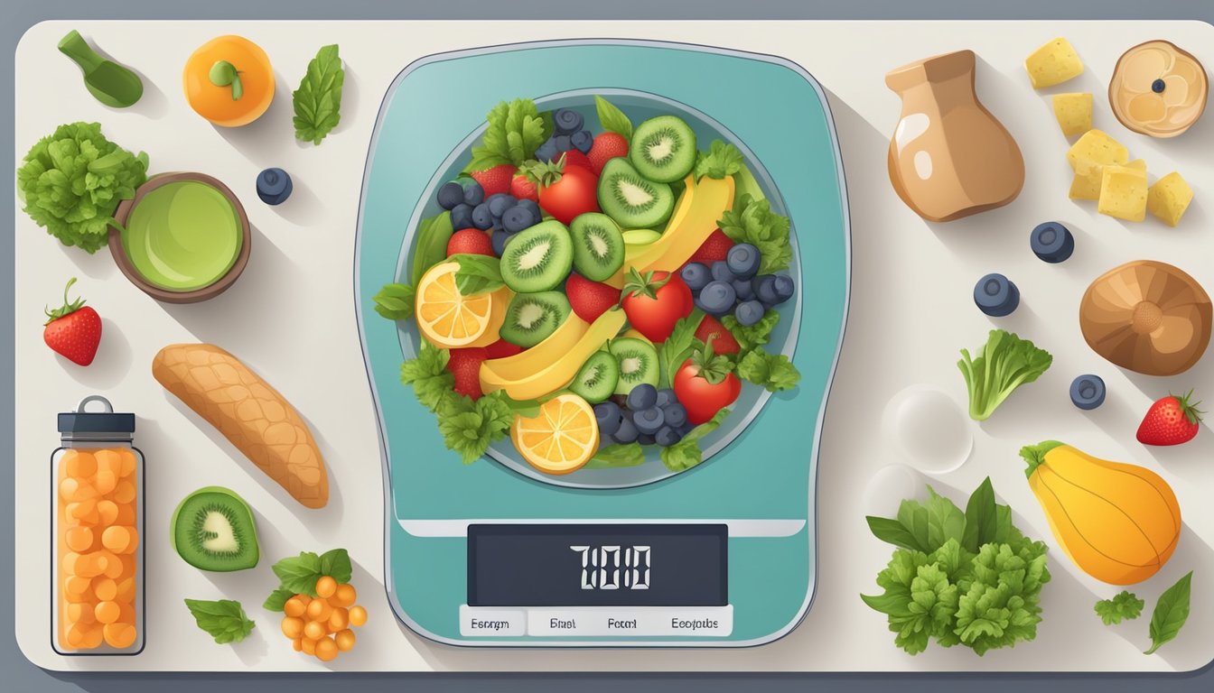 A scale surrounded by healthy food and exercise equipment