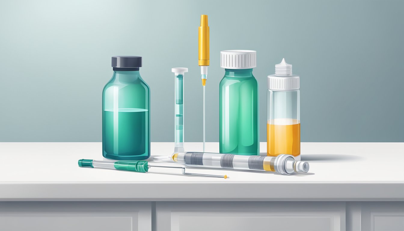 A bottle of weight loss injections sits on a clean, white countertop next to a syringe and a vial of clear liquid