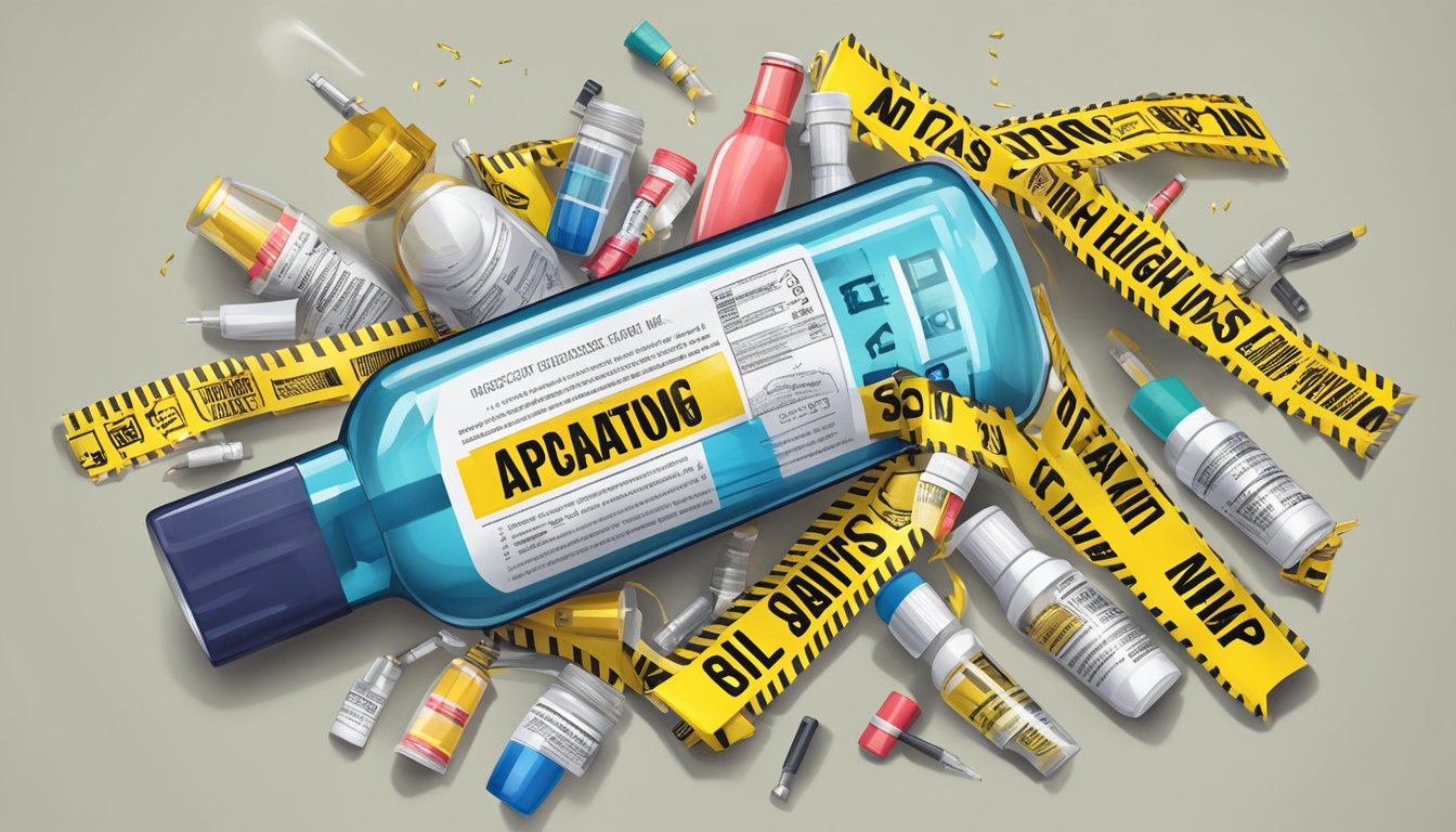 A bottle of weight loss injections surrounded by warning signs and caution tape