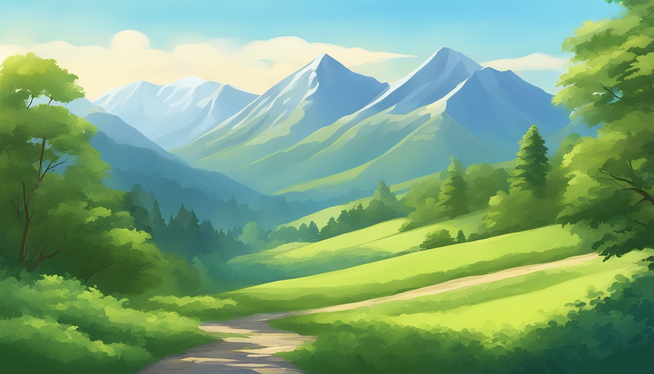 A serene mountain landscape with a clear blue sky, lush greenery, and a peaceful atmosphere