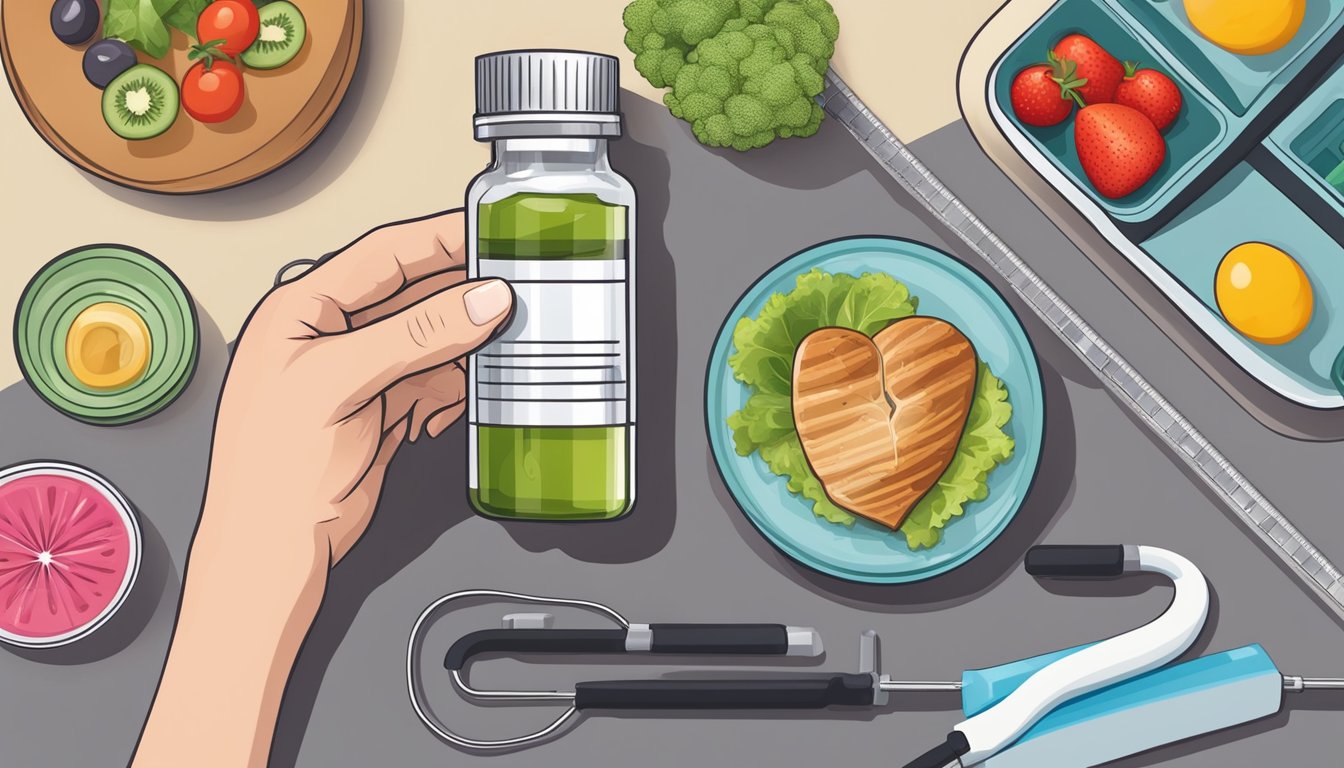 A person's hand holding a vial of weight loss injections next to a healthy meal and exercise equipment