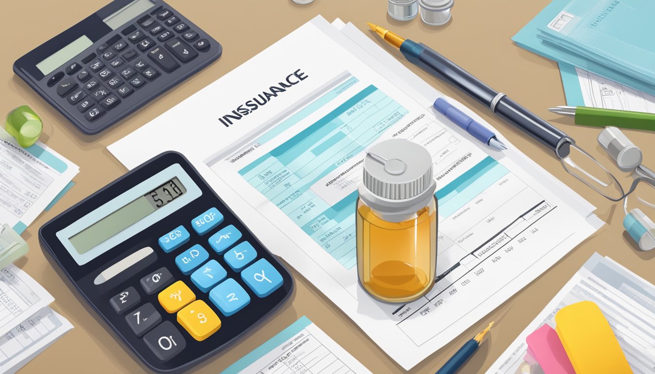 A table with vials of weight loss injections, alongside a calculator and insurance documents