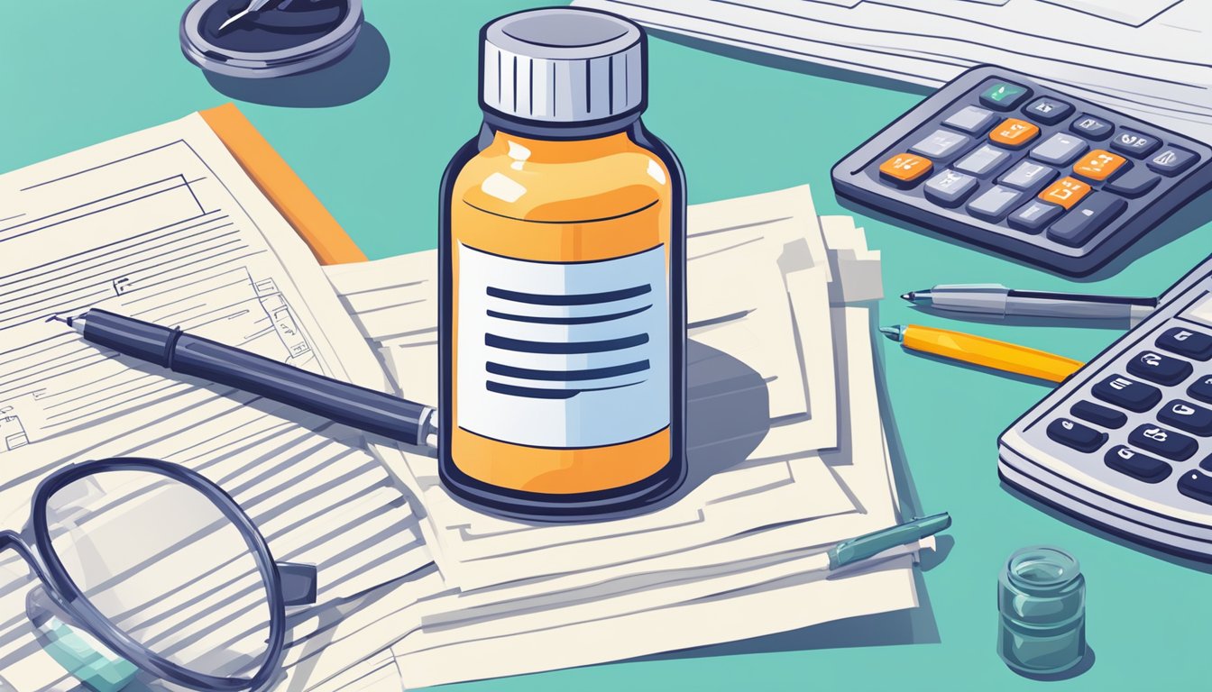 A vial of weight loss injection medication surrounded by financial documents and calculators