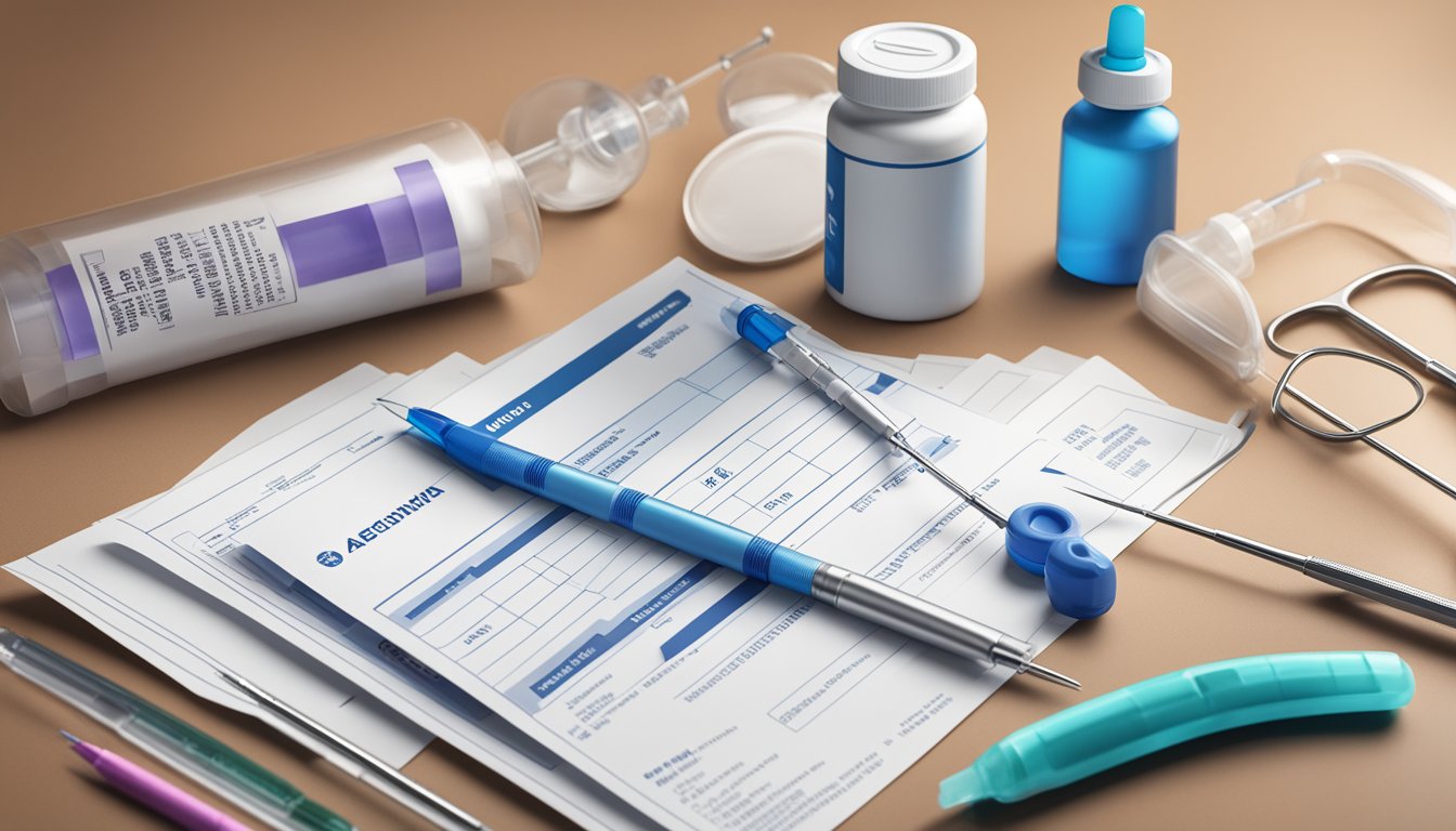 Aetna logo next to Wegovy packaging with a needle and syringe, surrounded by medical documents and a doctor's prescription pad