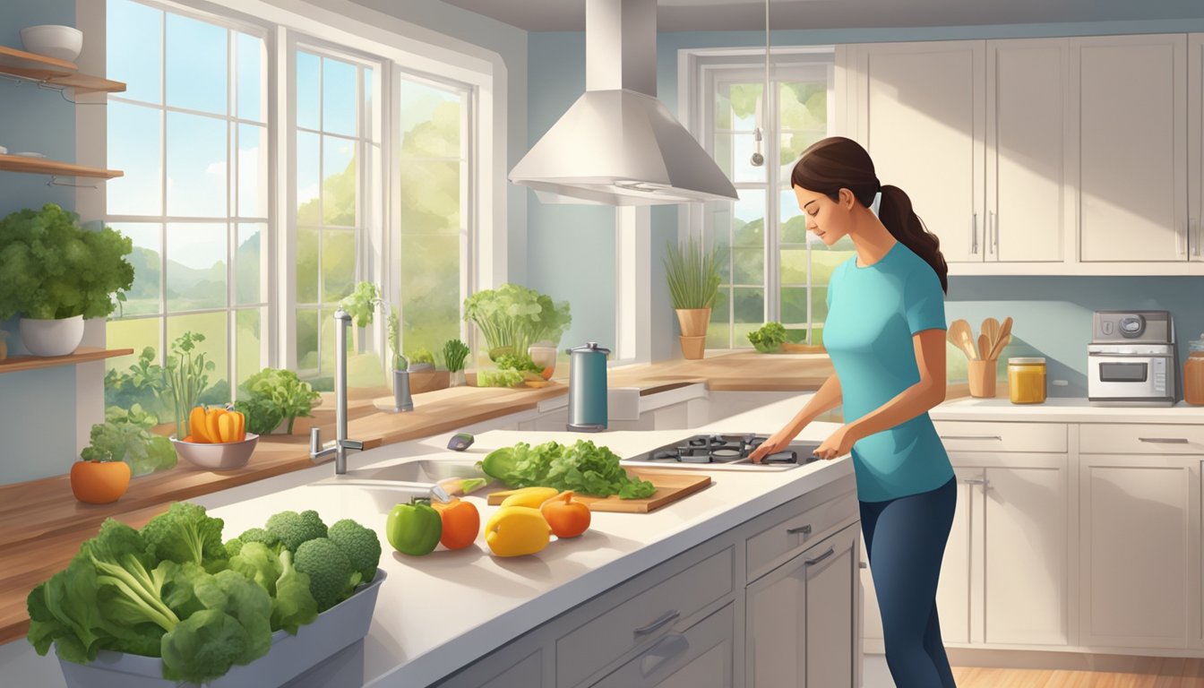 A person preparing healthy meals and exercising in a bright, spacious kitchen with a garden view