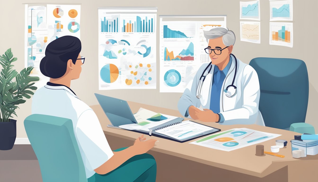 A doctor discussing weight loss therapies with a patient, surrounded by medical charts and diagrams