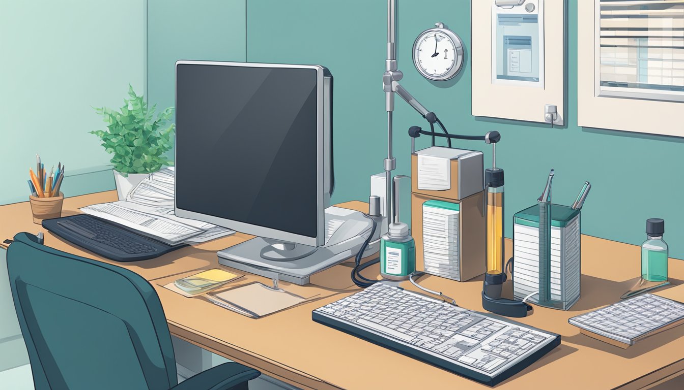 A doctor's office with a desk, computer, and medical equipment. A vial of weight loss injection sits on the desk