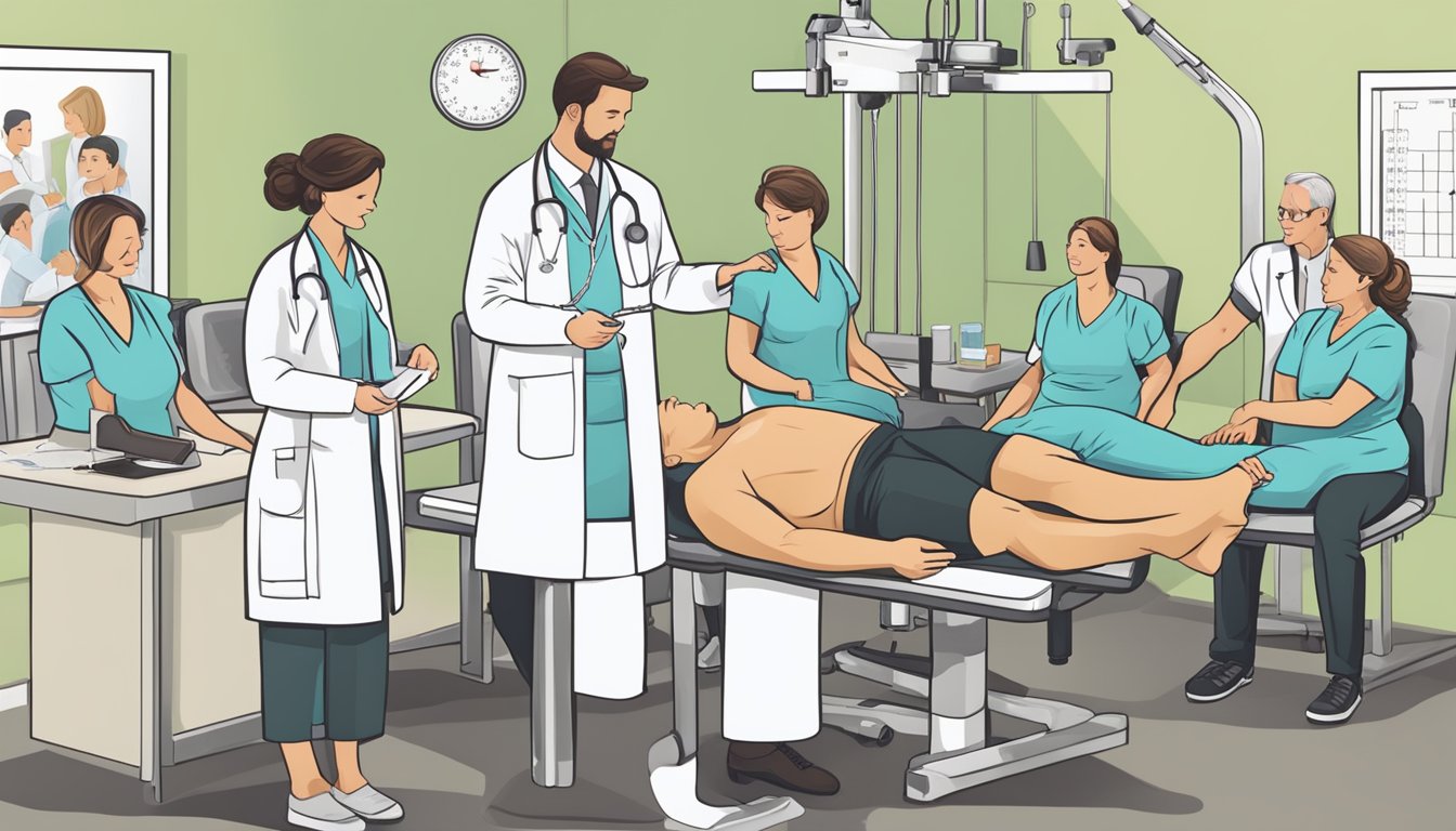 A doctor administering weight loss injections to a group of patients, with charts showing positive outcomes