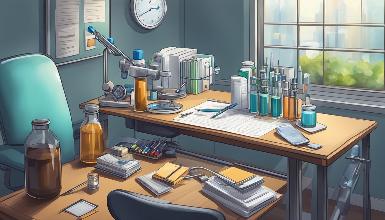 A doctor's office with a vial and syringe on a desk, surrounded by medical equipment and paperwork