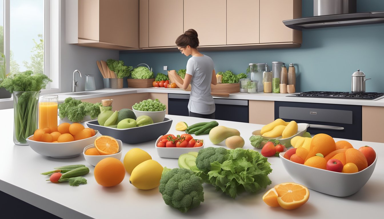 A person preparing a nutritious meal with a variety of fresh fruits, vegetables, and lean proteins on a clean, organized kitchen counter