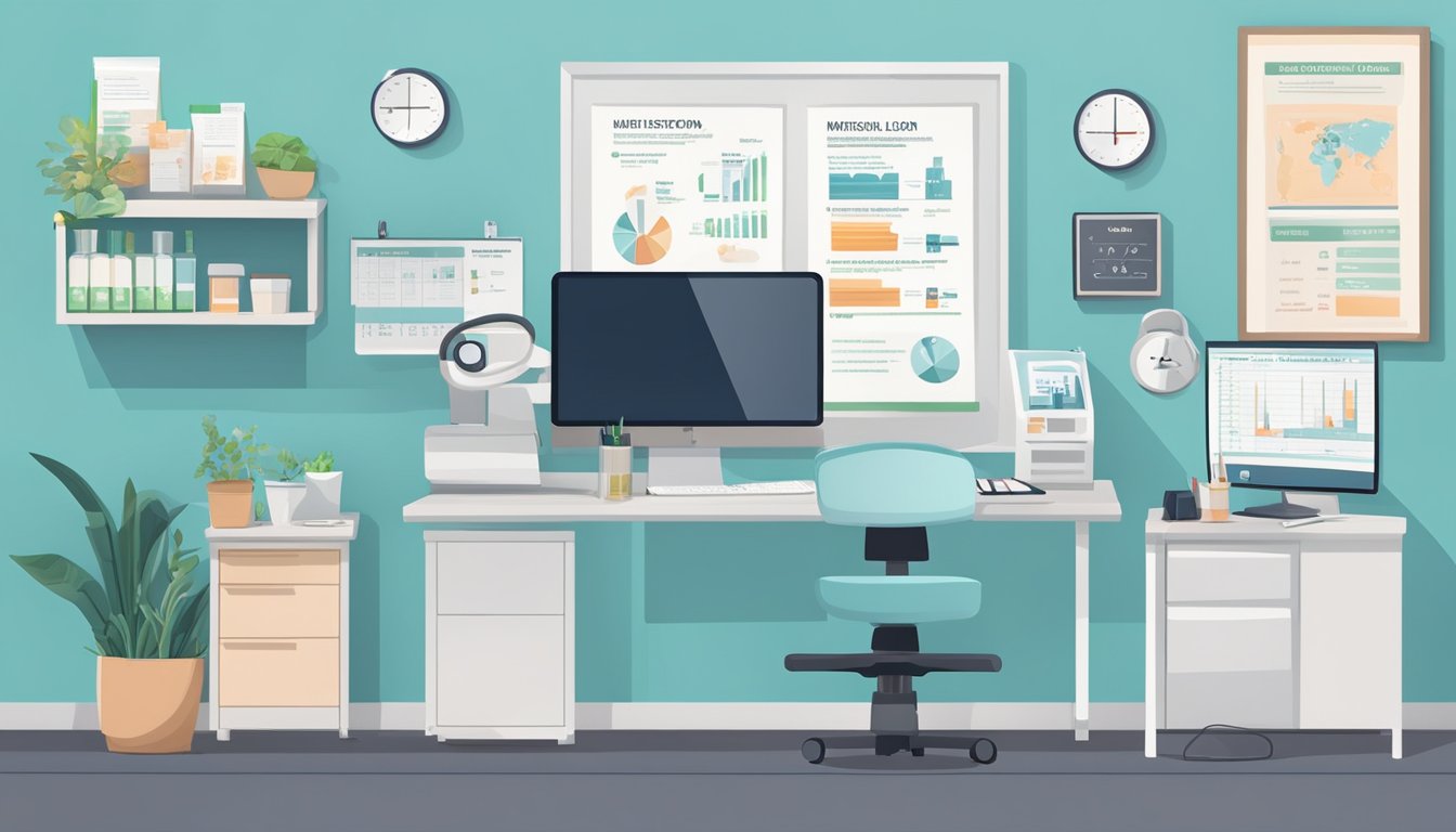 A doctor's office with a desk, computer, and medical equipment. A poster on the wall displays information about weight loss injections