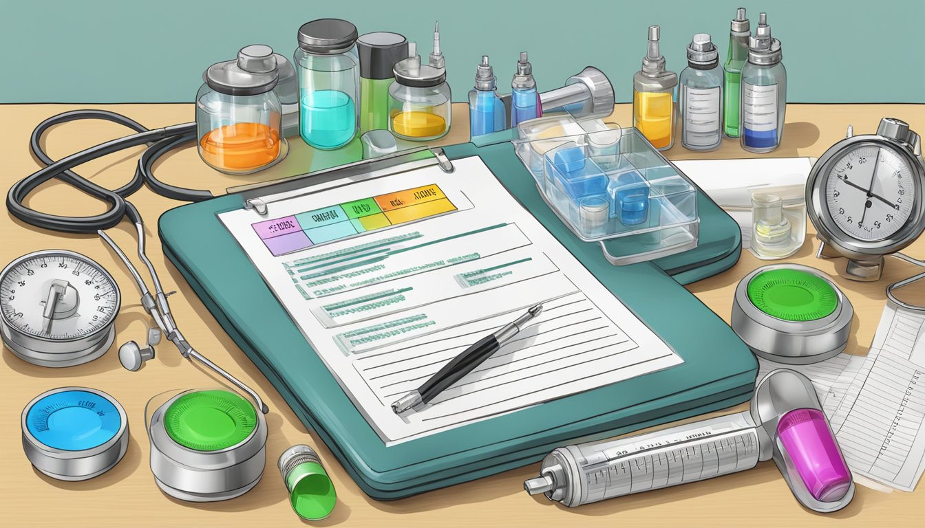 A table with vials labeled "Efficacy" and "Outcomes" of weight loss injections, surrounded by medical equipment