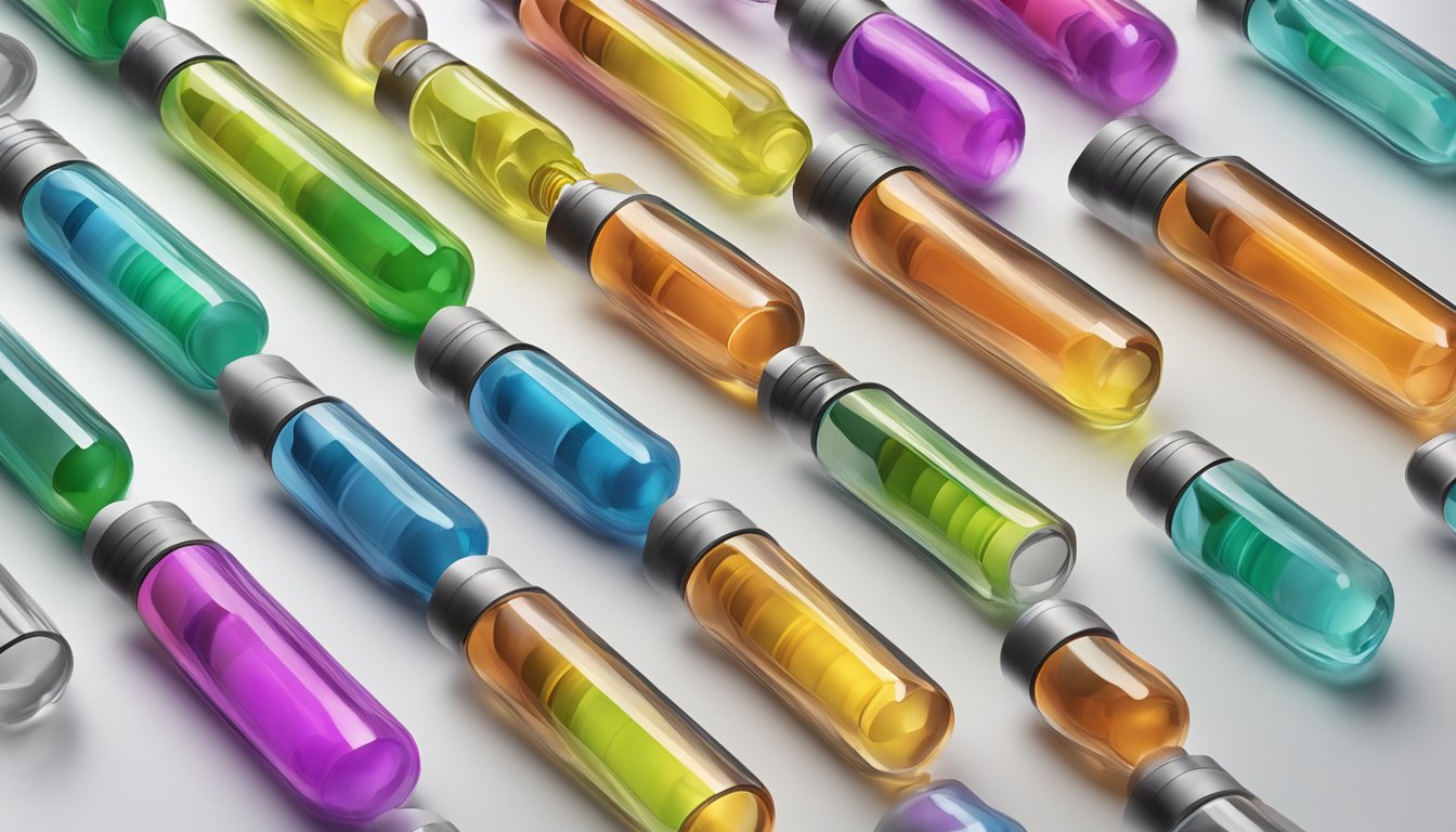 A colorful array of weight loss injection vials arranged on a sleek, modern countertop