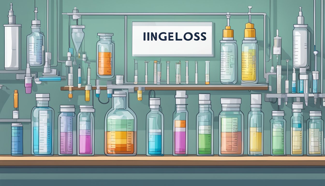 A laboratory setting with vials and syringes labeled with names of weight loss injections