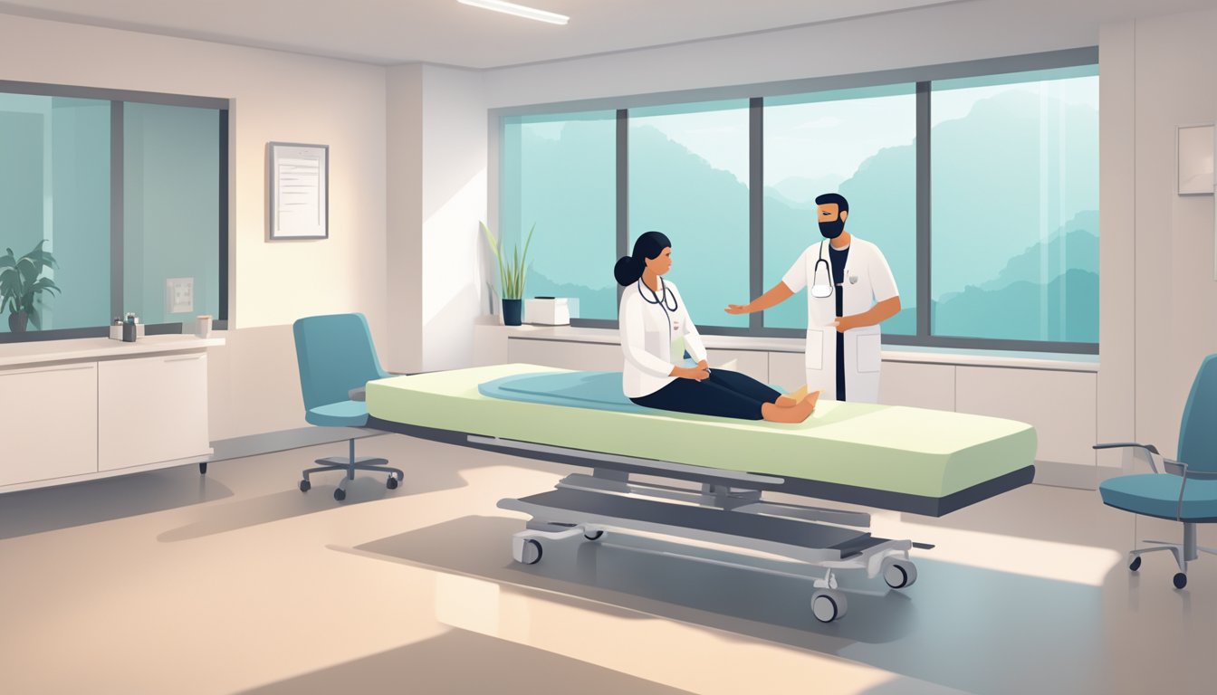 A serene, modern clinic setting with a sleek, minimalist design. A nurse administers a weight loss injection to a patient in a comfortable, private room