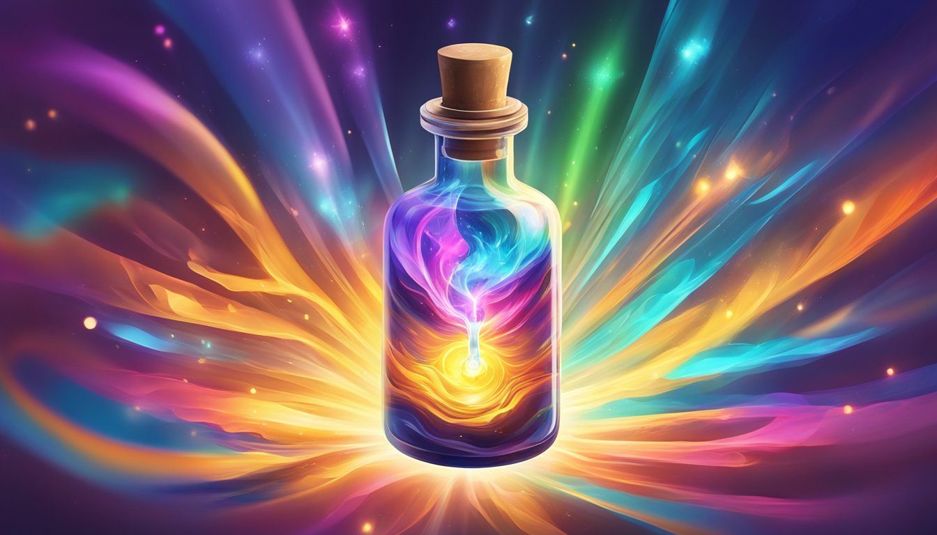 A colorful vial surrounded by vibrant, swirling energy, with rays of light emanating from it