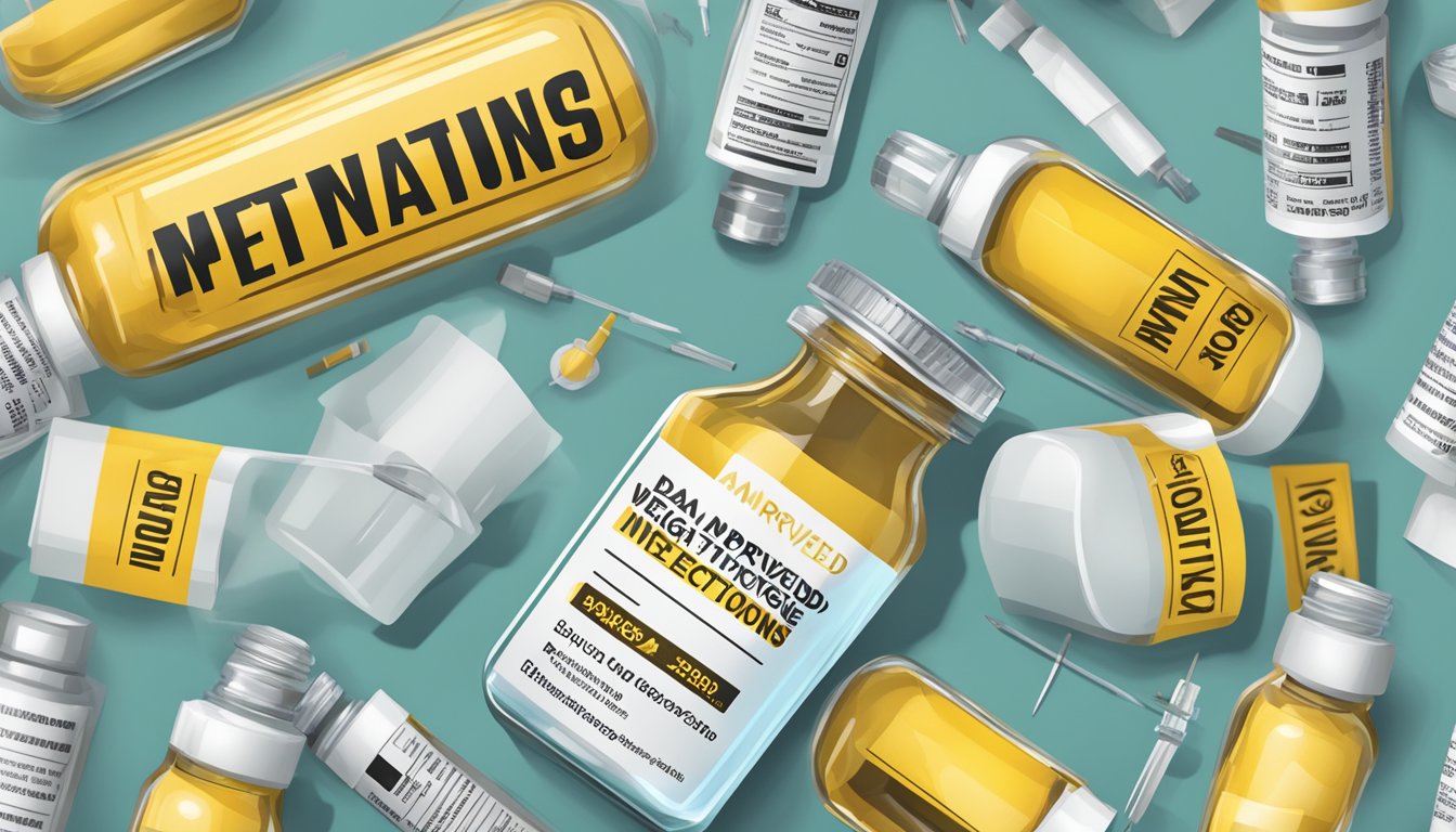 A vial of FDA-approved weight loss injections surrounded by warning labels and caution signs