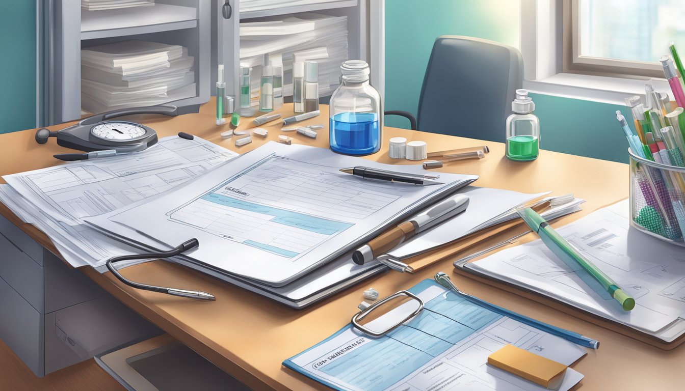 A doctor's office with vials of weight loss injections and insurance documents on a desk