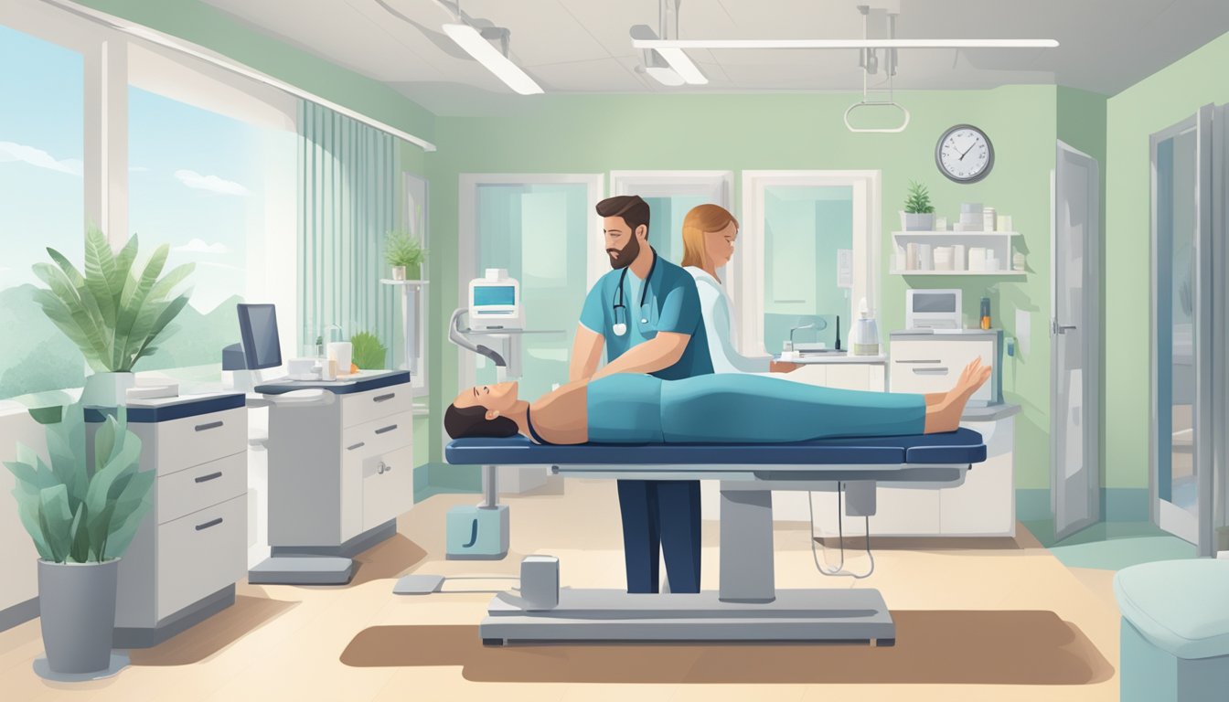 A serene, modern clinic setting with a doctor administering a weight loss injection to a patient