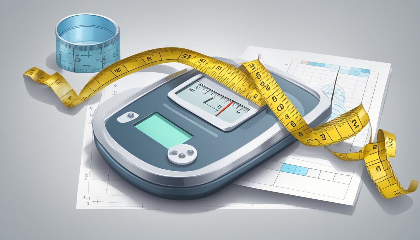 A scale with a before and after weight loss injection vial, surrounded by measuring tape and a chart showing progress