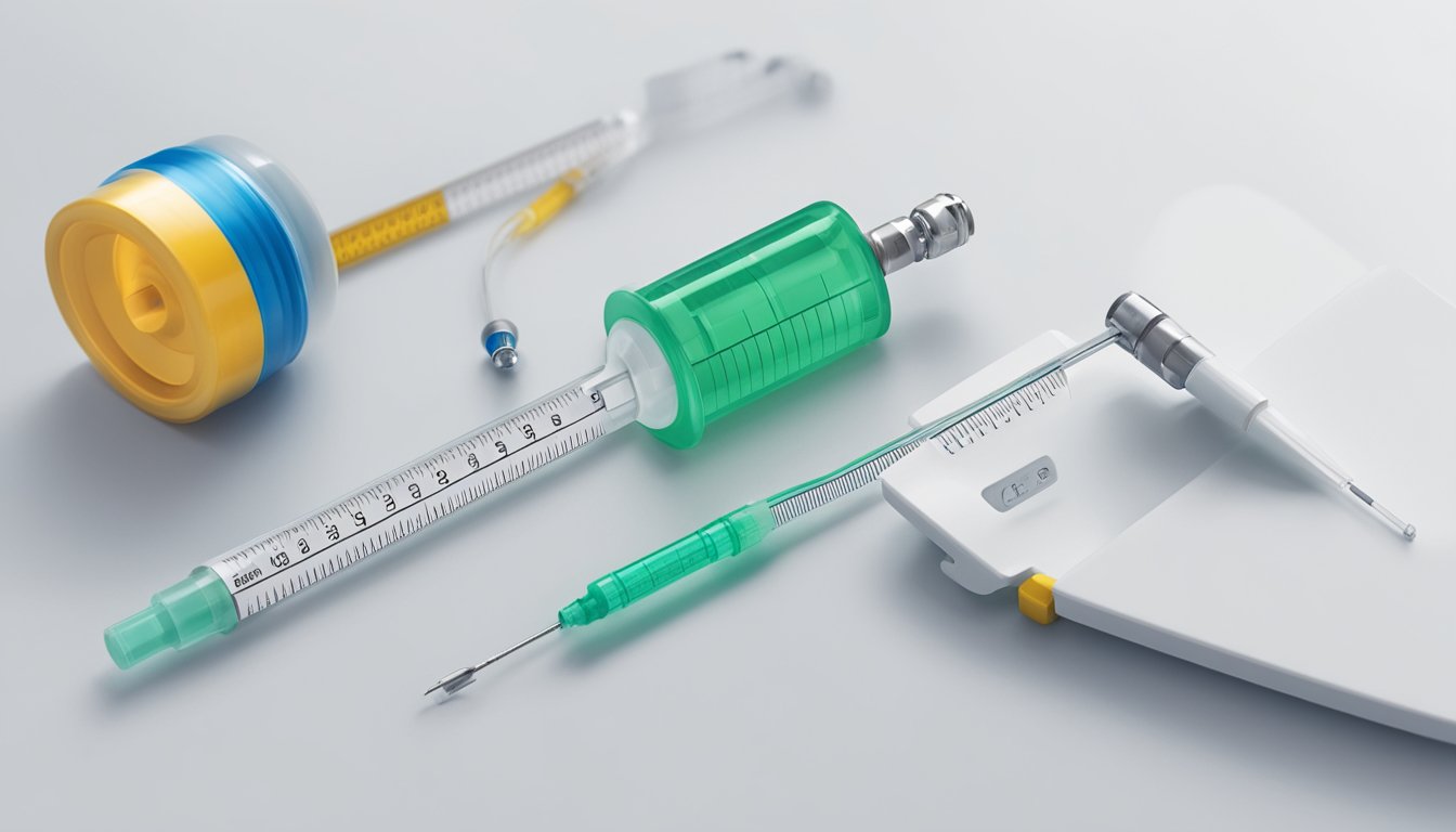 A vial of weight loss injection sits next to a syringe on a clean, white surface. An empty syringe lies nearby, while a scale and measuring tape are seen in the background