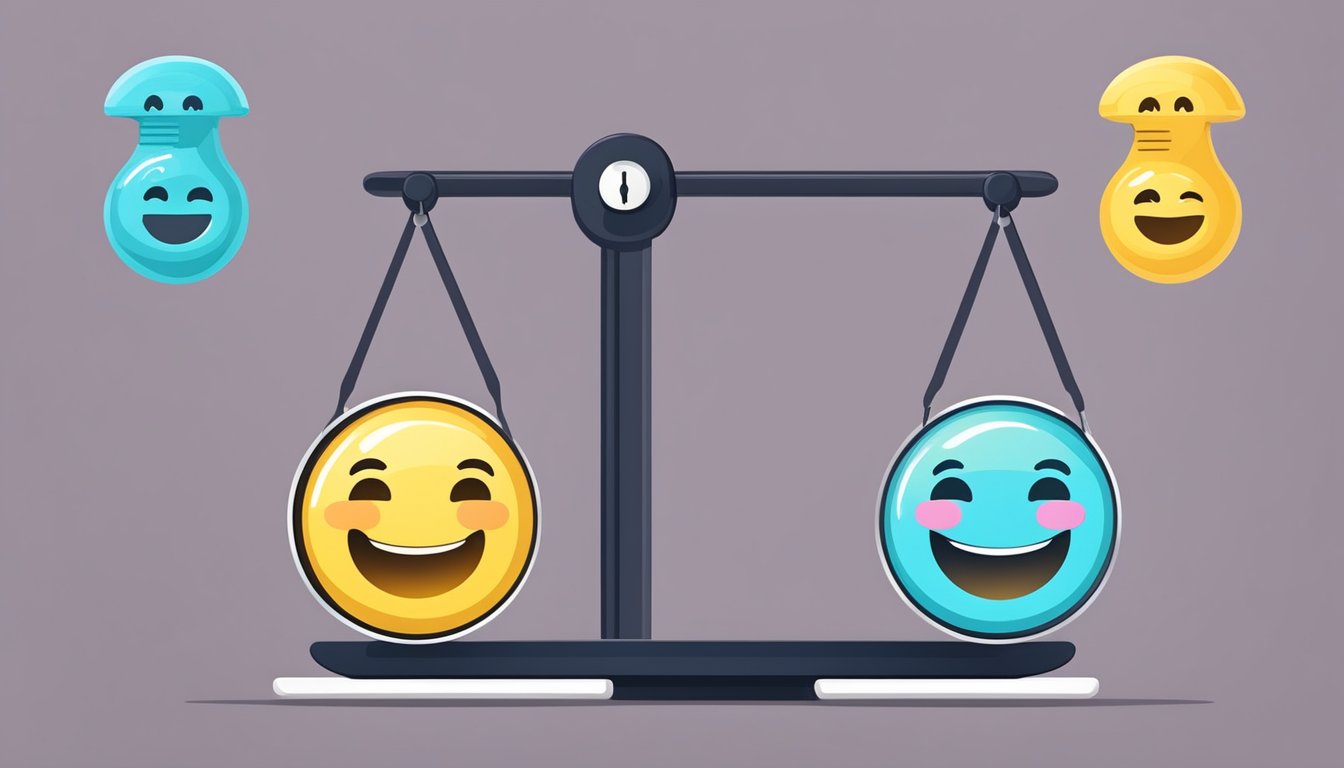 A scale with a needle showing higher weight before, and lower weight after, with a smiling face emoji