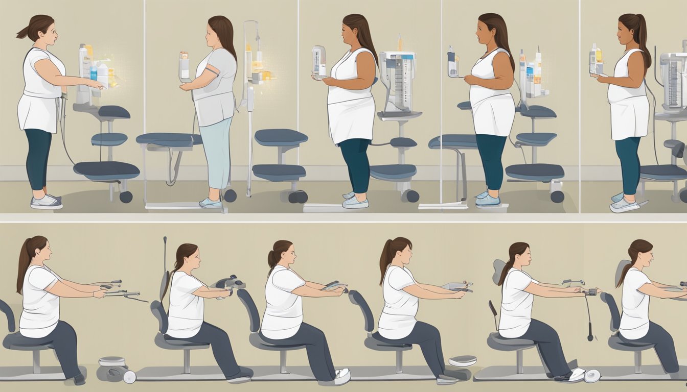 A series of before-and-after images of weight loss injections being administered, with visual cues indicating long-term management strategies