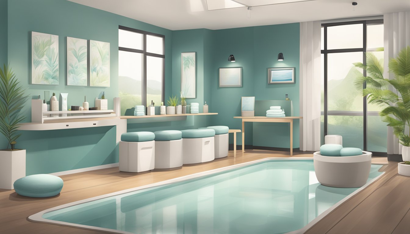 A serene spa environment with modern decor and a calming color scheme, featuring a reception area, treatment rooms, and a display of weight loss injection products