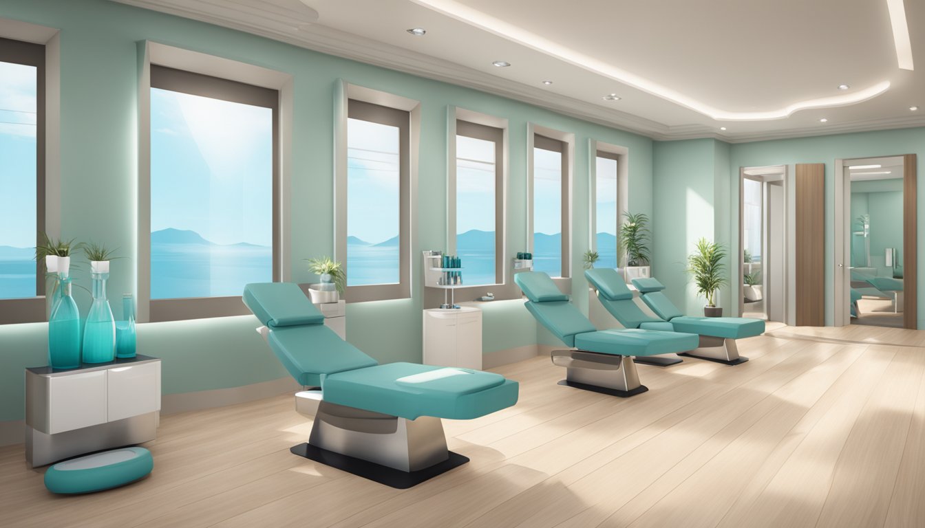 A serene med spa interior with sleek, modern decor and a display of weight loss injections