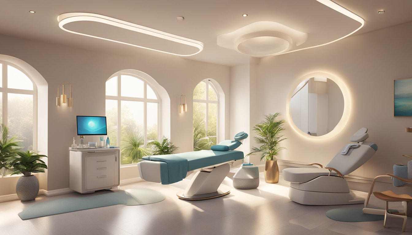 A serene med spa room with soft lighting, modern decor, and a sleek treatment chair for weight loss injections