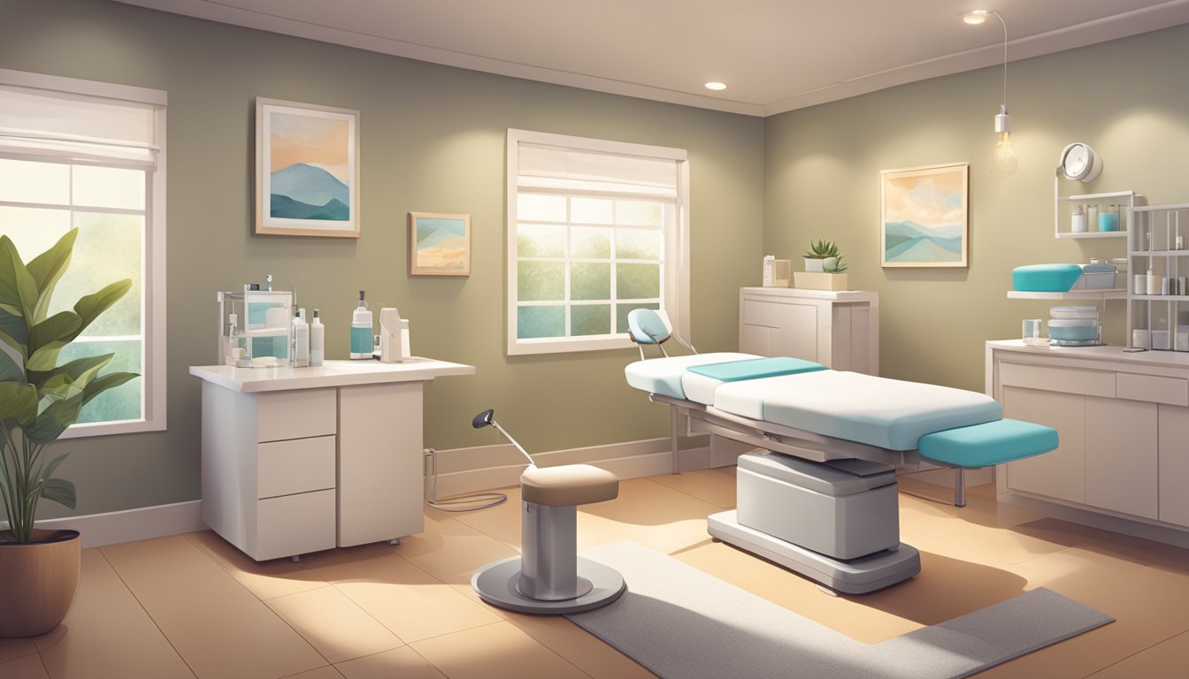 A serene med spa setting with a nurse administering weight loss injections to a patient in a comfortable, modern treatment room