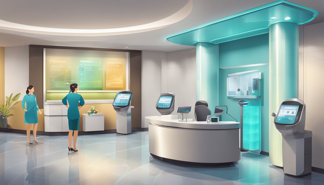 A sleek, modern med spa with a focus on weight loss injections. Various health metrics machines line the walls, while a receptionist greets incoming clients