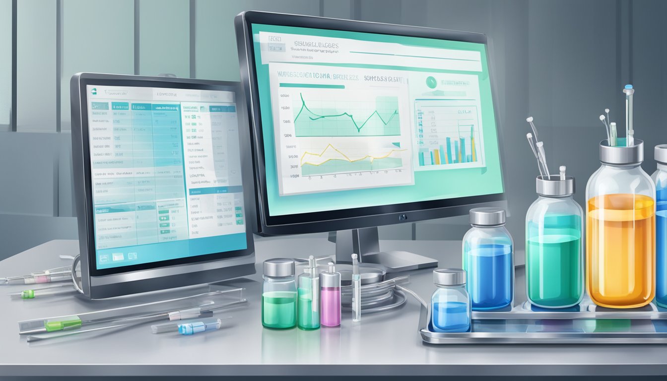 A sterile medical clinic with vials and syringes on a stainless steel tray, next to a computer screen displaying weight loss injection prices