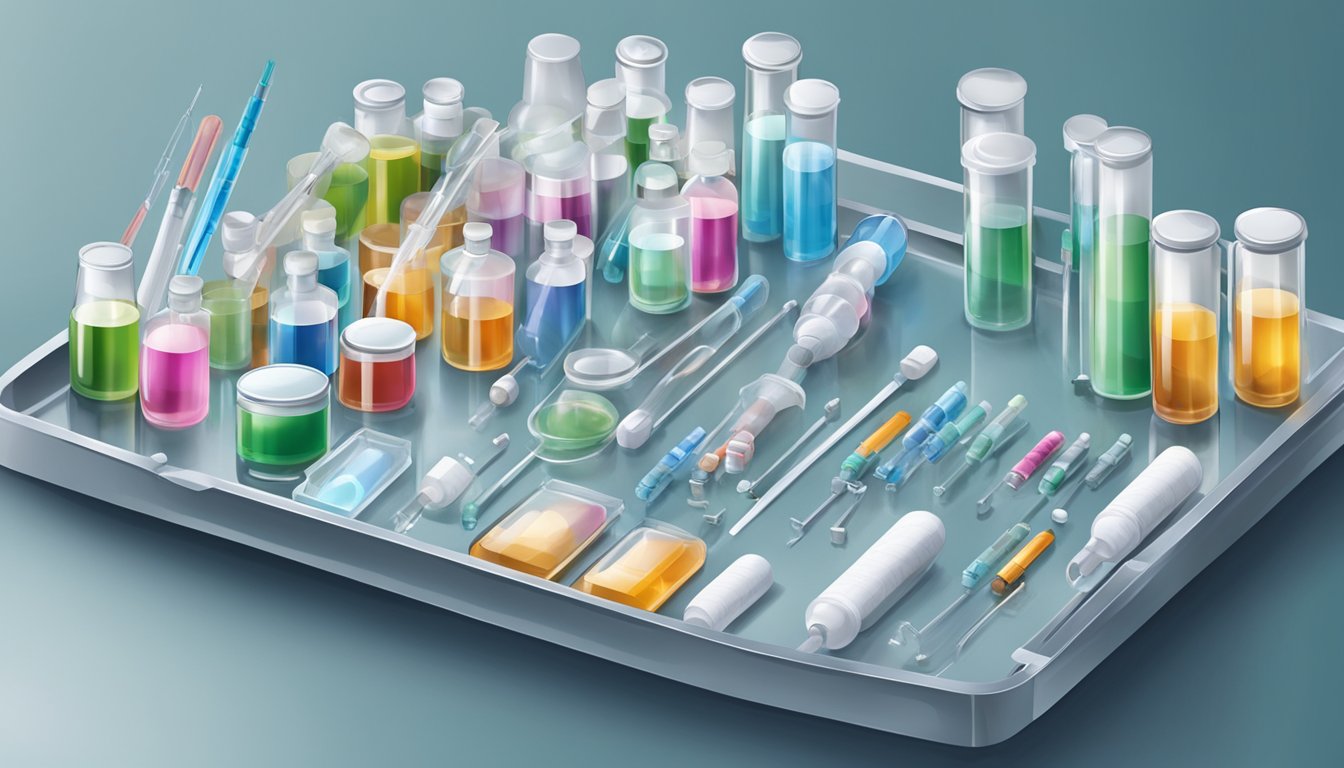 A clinical setting with vials, syringes, and medical equipment on a sterile tray