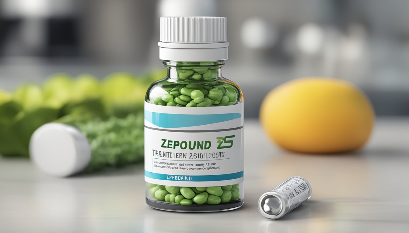 A vial of weight loss injection sits on a sleek, modern countertop. The vial is labeled "Zepbound Treatment Scope" and has the Zepbound logo prominently displayed