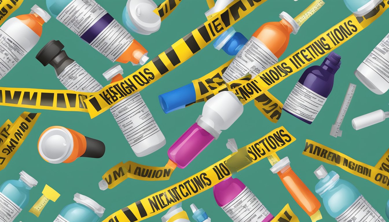 A vial of weight loss injections surrounded by caution tape and warning signs