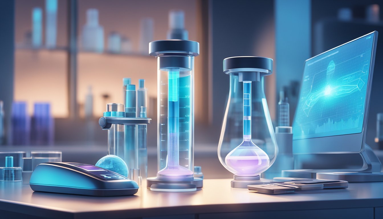 A vial of weight loss injections sits on a sleek, modern countertop, surrounded by scientific equipment and a futuristic device emitting a soft blue glow