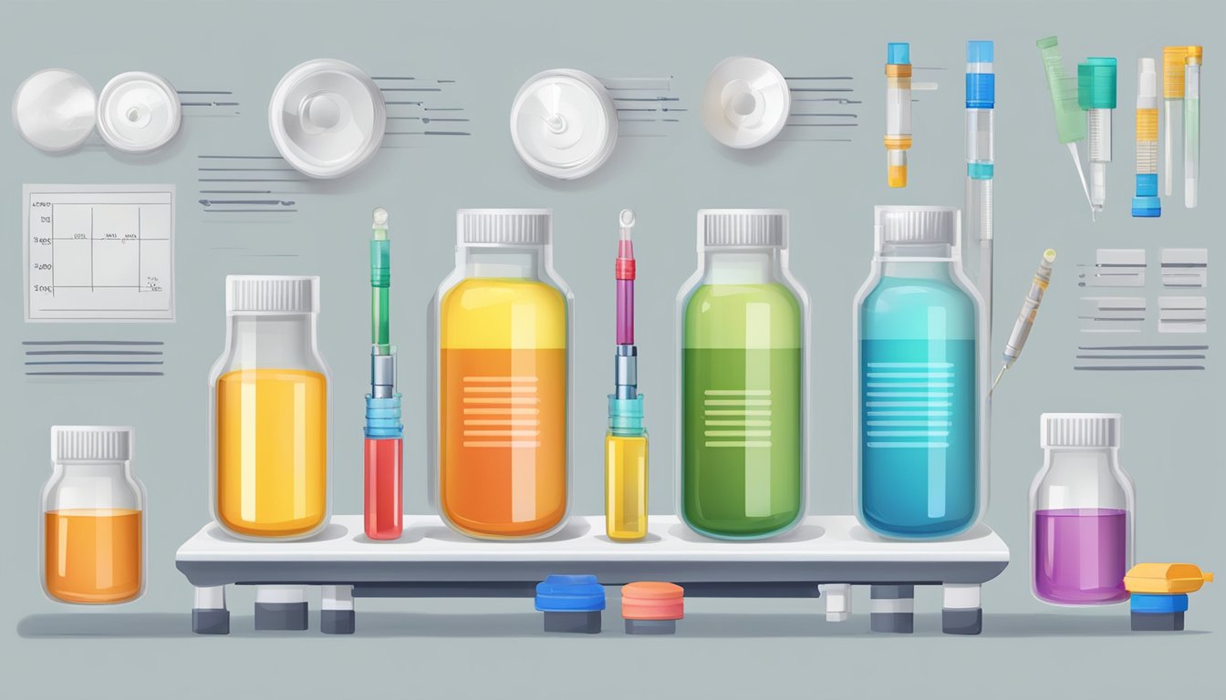 A table with various vials and syringes, alongside a chart of different weight loss injections