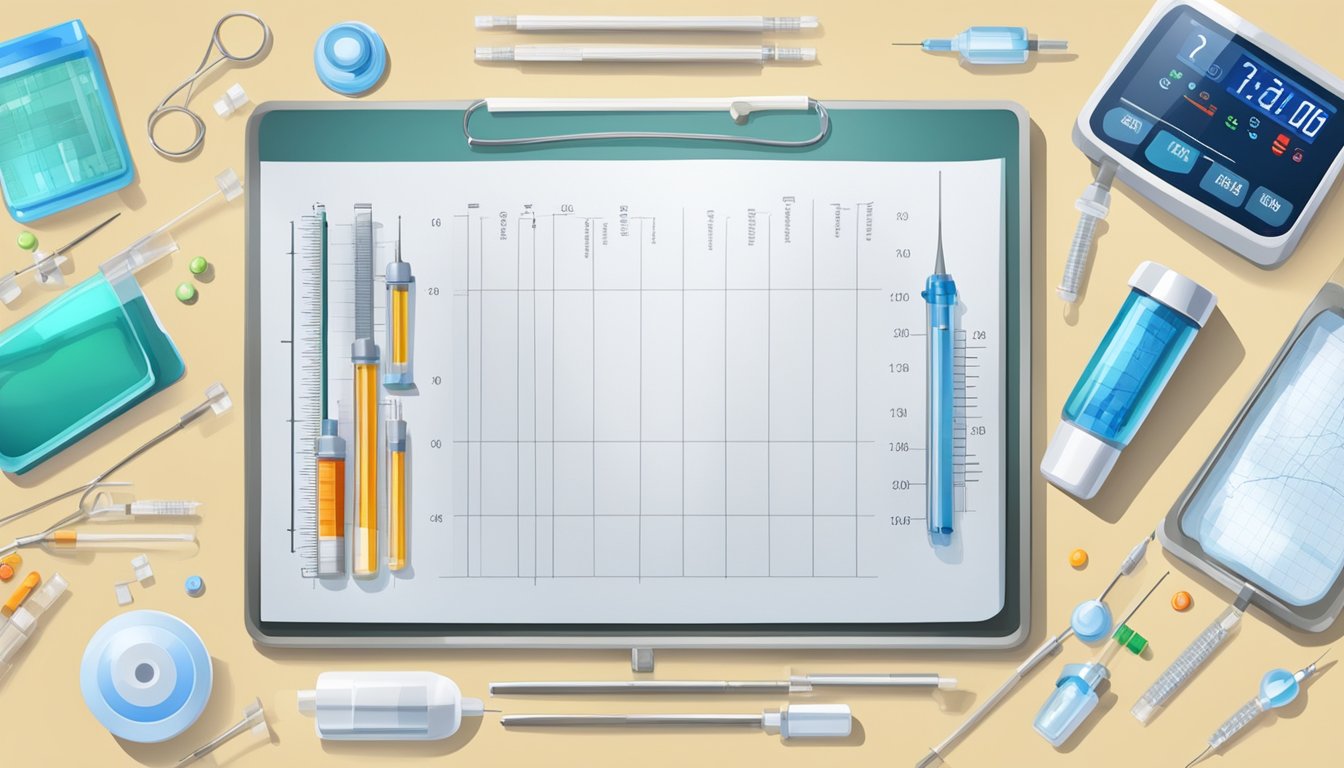 A table with various types of weight loss injections and syringes, surrounded by medical equipment and charts